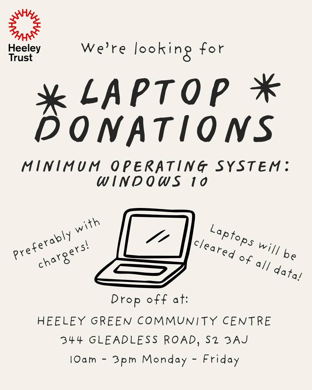 612363445_1349844787176727_8868813350957543897_n Laptop icon, text reads: Laptop donations minimum operating system windows 10